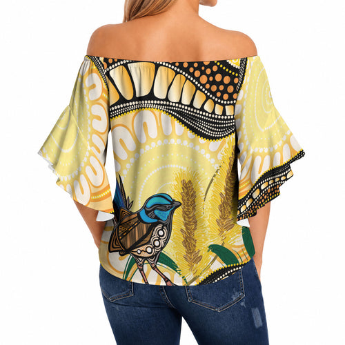 Superb Fairywren Bottlebrush Australia Indigenous Art Off Shoulder Wrap Waist Top