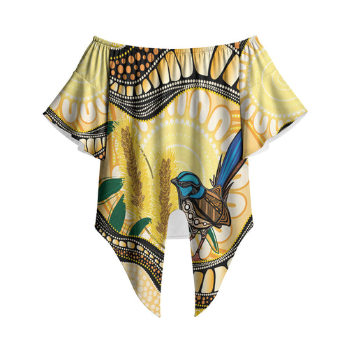 Superb Fairywren Bottlebrush Australia Indigenous Art Off Shoulder Wrap Waist Top