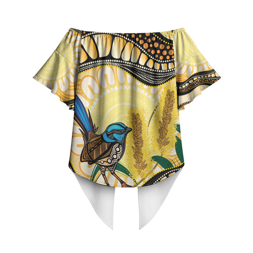 Superb Fairywren Bottlebrush Australia Indigenous Art Off Shoulder Wrap Waist Top