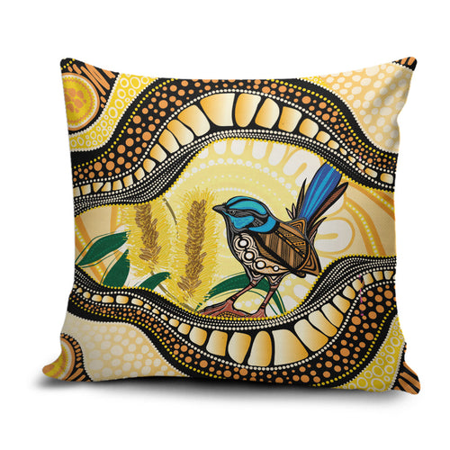 Superb Fairywren Bottlebrush Australia Indigenous Art Pillow Cover