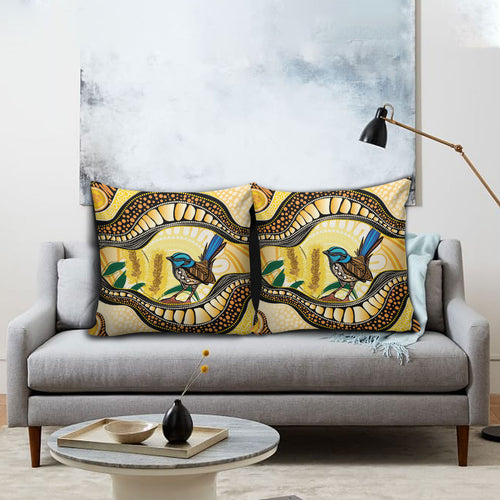 Superb Fairywren Bottlebrush Australia Indigenous Art Pillow Cover
