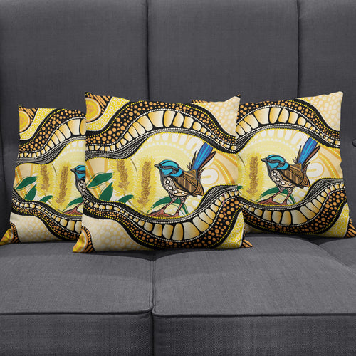 Superb Fairywren Bottlebrush Australia Indigenous Art Pillow Cover