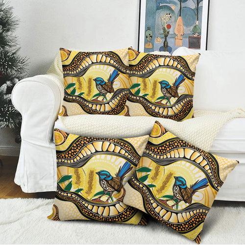 Superb Fairywren Bottlebrush Australia Indigenous Art Pillow Cover