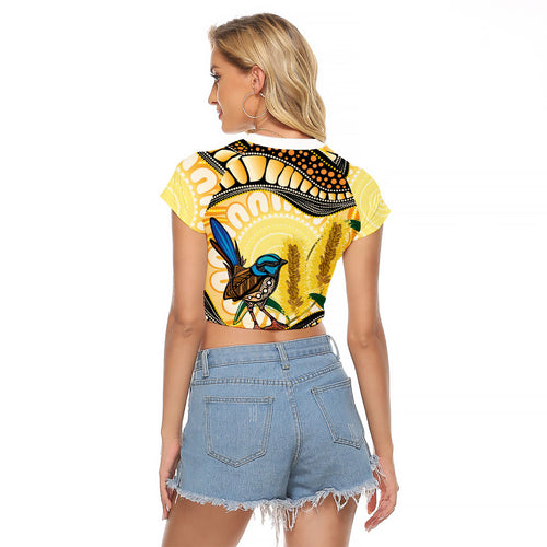 Superb Fairywren Bottlebrush Australia Indigenous Art Raglan Cropped T Shirt