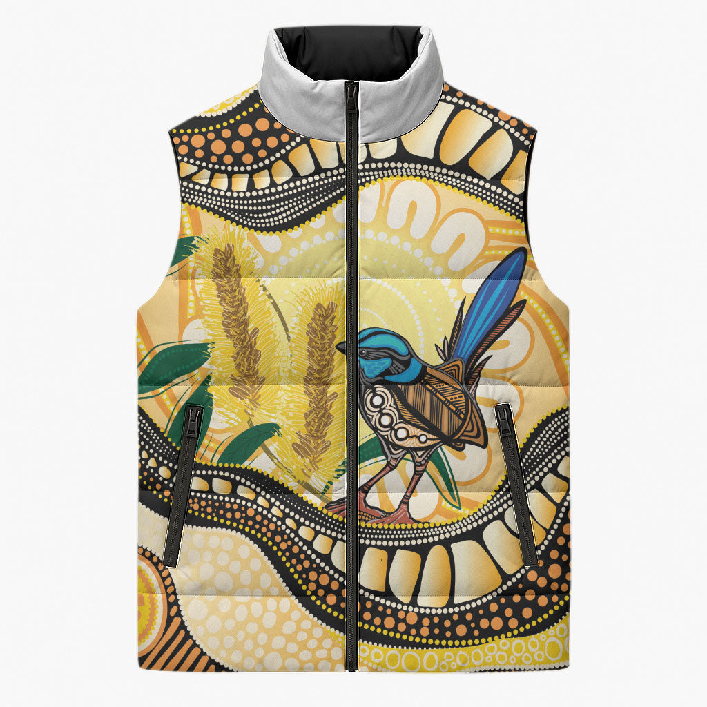 Superb Fairywren Bottlebrush Australia Indigenous Art Sleeveless Puffer Jacket