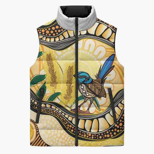 Superb Fairywren Bottlebrush Australia Indigenous Art Sleeveless Puffer Jacket