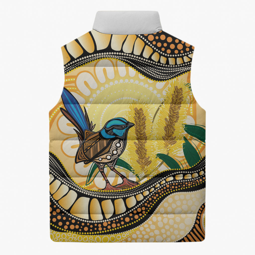 Superb Fairywren Bottlebrush Australia Indigenous Art Sleeveless Puffer Jacket