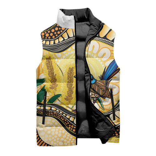 Superb Fairywren Bottlebrush Australia Indigenous Art Sleeveless Puffer Jacket