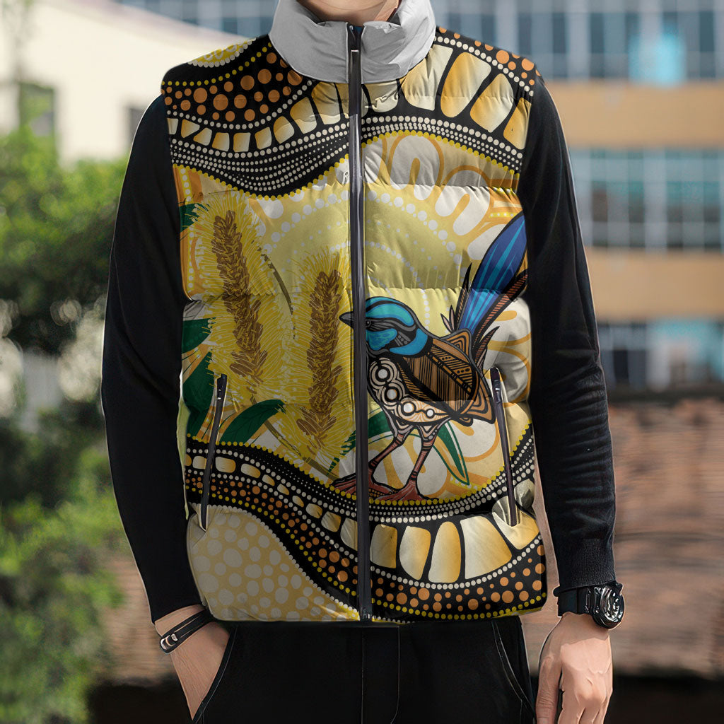Superb Fairywren Bottlebrush Australia Indigenous Art Sleeveless Puffer Jacket
