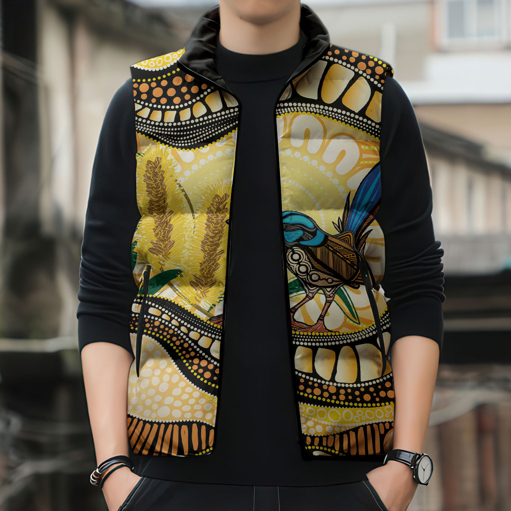Superb Fairywren Bottlebrush Australia Indigenous Art Sleeveless Puffer Jacket