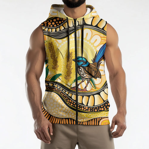 Superb Fairywren Bottlebrush Australia Indigenous Art Sleeveless Zip Hoodie
