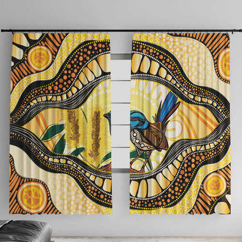 Superb Fairywren Bottlebrush Australia Indigenous Art Window Curtain