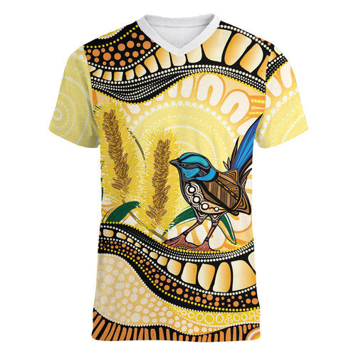 Superb Fairywren Bottlebrush Australia Indigenous Art Women V-Neck T-Shirt