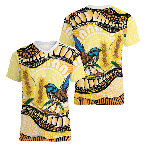 Superb Fairywren Bottlebrush Australia Indigenous Art Women V-Neck T-Shirt