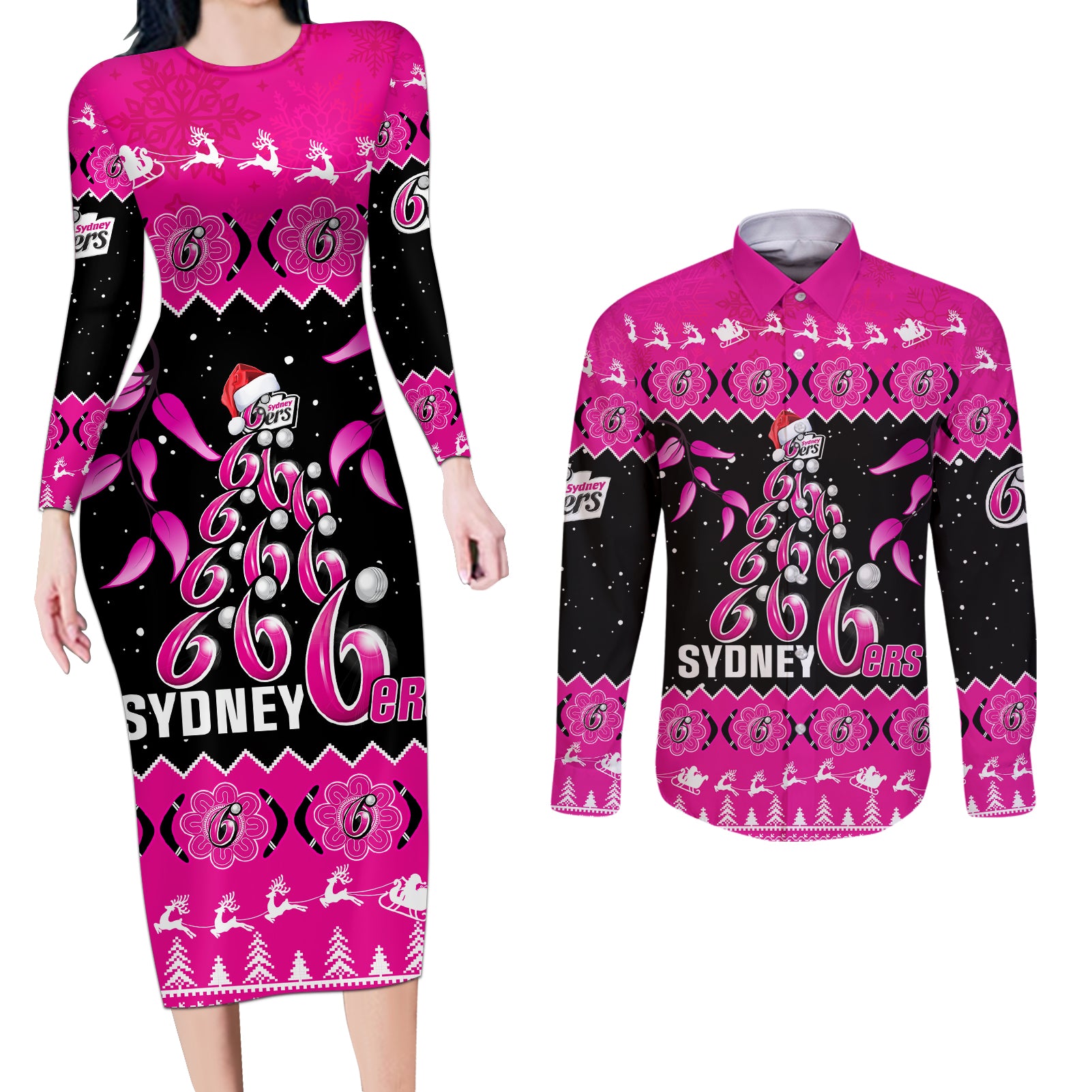 sydney-sixers-cricket-christmas-couples-matching-long-sleeve-bodycon-dress-and-long-sleeve-button-shirt-merry-xmas-2023-indigenous-art