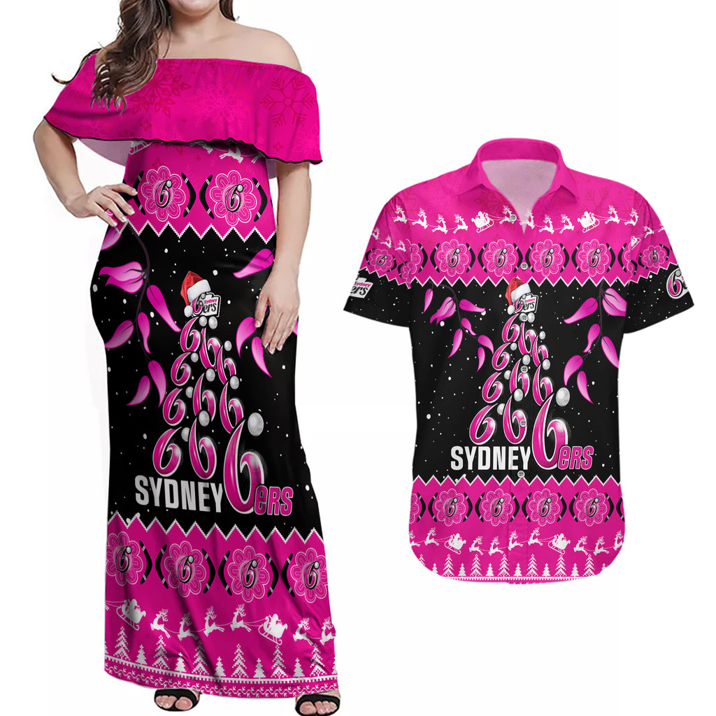 sydney-sixers-cricket-christmas-couples-matching-off-shoulder-maxi-dress-and-hawaiian-shirt-merry-xmas-2023-indigenous-art