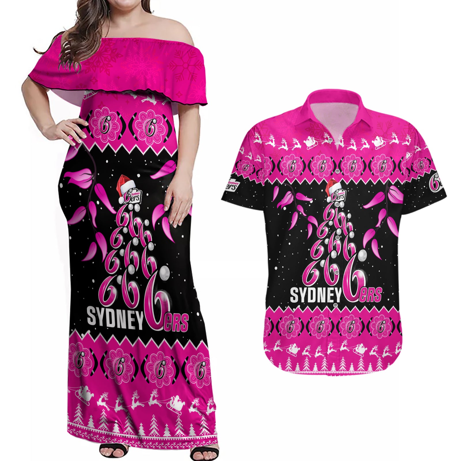 sydney-sixers-cricket-christmas-couples-matching-off-shoulder-maxi-dress-and-hawaiian-shirt-merry-xmas-2023-indigenous-art