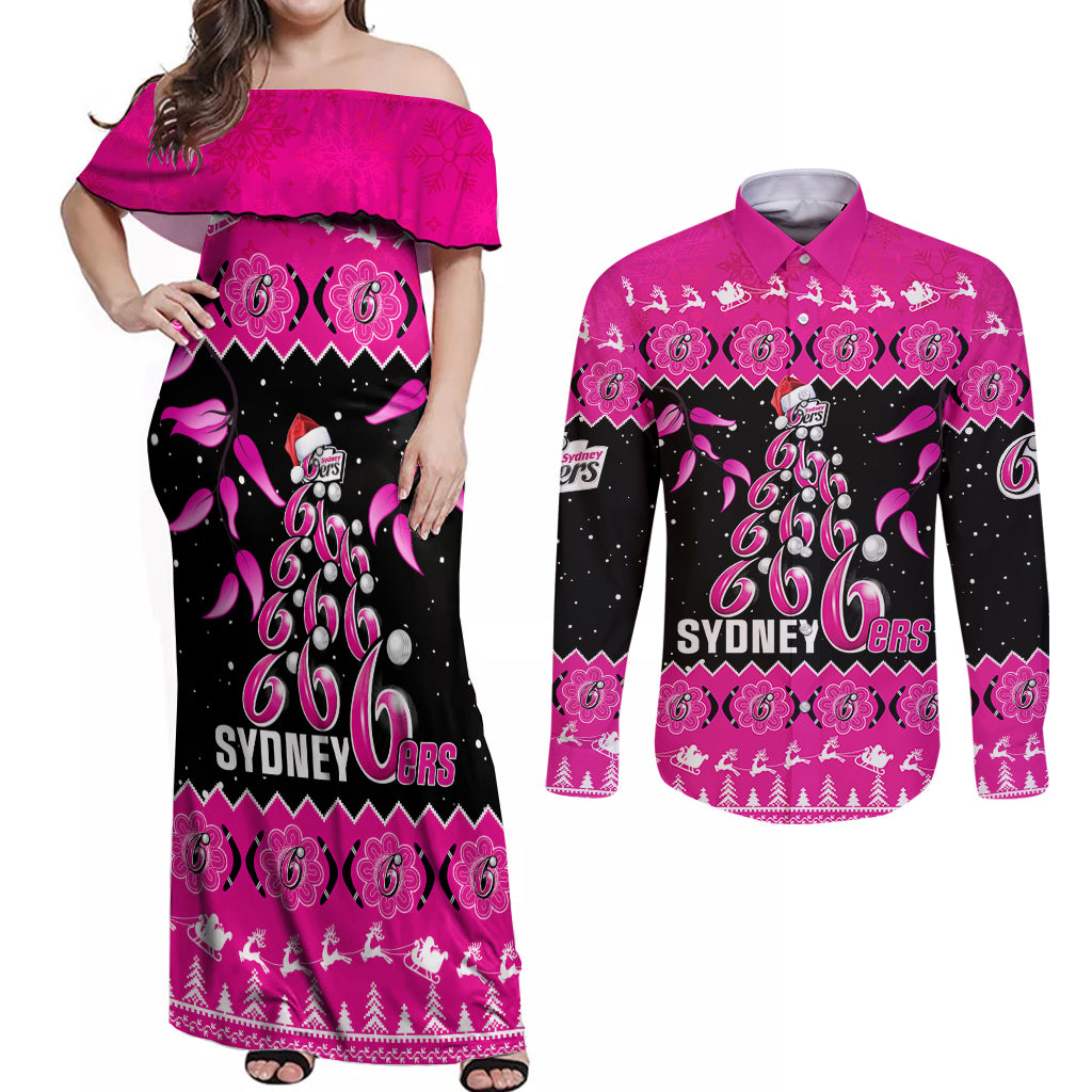 sydney-sixers-cricket-christmas-couples-matching-off-shoulder-maxi-dress-and-long-sleeve-button-shirt-merry-xmas-2023-indigenous-art