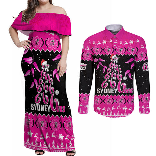 sydney-sixers-cricket-christmas-couples-matching-off-shoulder-maxi-dress-and-long-sleeve-button-shirt-merry-xmas-2023-indigenous-art