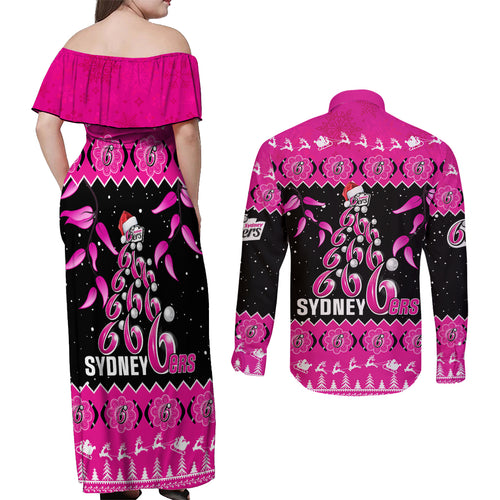 sydney-sixers-cricket-christmas-couples-matching-off-shoulder-maxi-dress-and-long-sleeve-button-shirt-merry-xmas-2023-indigenous-art