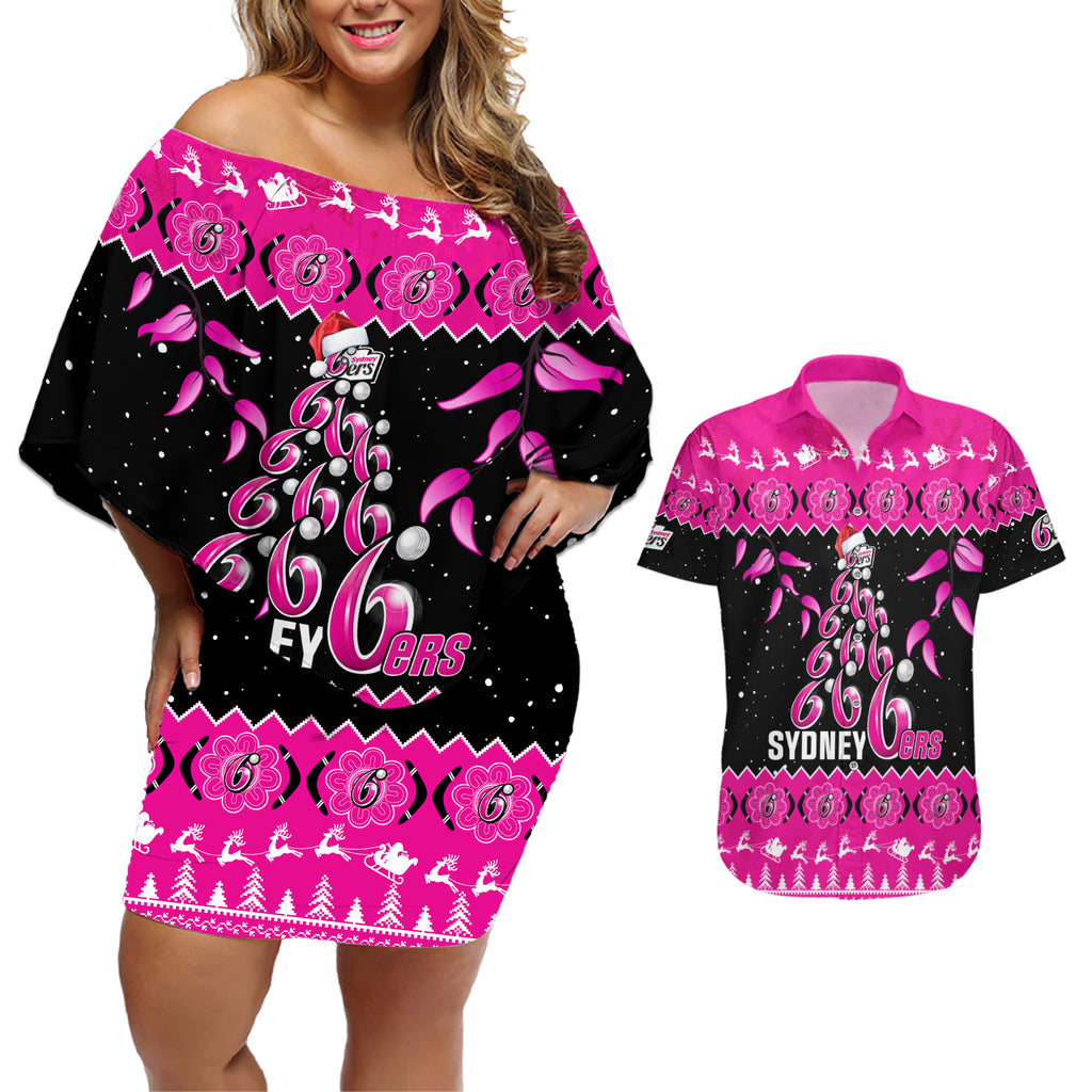 sydney-sixers-cricket-christmas-couples-matching-off-shoulder-short-dress-and-hawaiian-shirt-merry-xmas-2023-indigenous-art