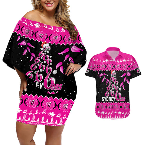 sydney-sixers-cricket-christmas-couples-matching-off-shoulder-short-dress-and-hawaiian-shirt-merry-xmas-2023-indigenous-art