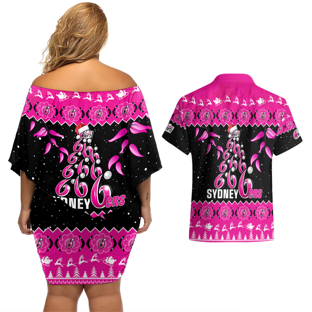 sydney-sixers-cricket-christmas-couples-matching-off-shoulder-short-dress-and-hawaiian-shirt-merry-xmas-2023-indigenous-art