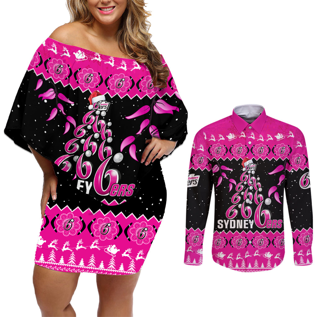 sydney-sixers-cricket-christmas-couples-matching-off-shoulder-short-dress-and-long-sleeve-button-shirt-merry-xmas-2023-indigenous-art