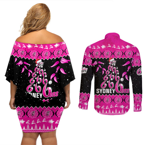 sydney-sixers-cricket-christmas-couples-matching-off-shoulder-short-dress-and-long-sleeve-button-shirt-merry-xmas-2023-indigenous-art