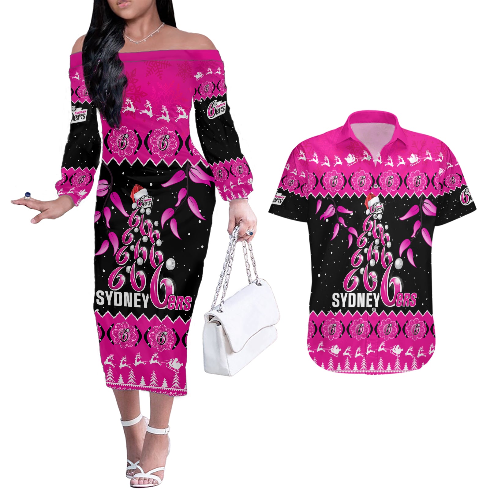 sydney-sixers-cricket-christmas-couples-matching-off-the-shoulder-long-sleeve-dress-and-hawaiian-shirt-merry-xmas-2023-indigenous-art