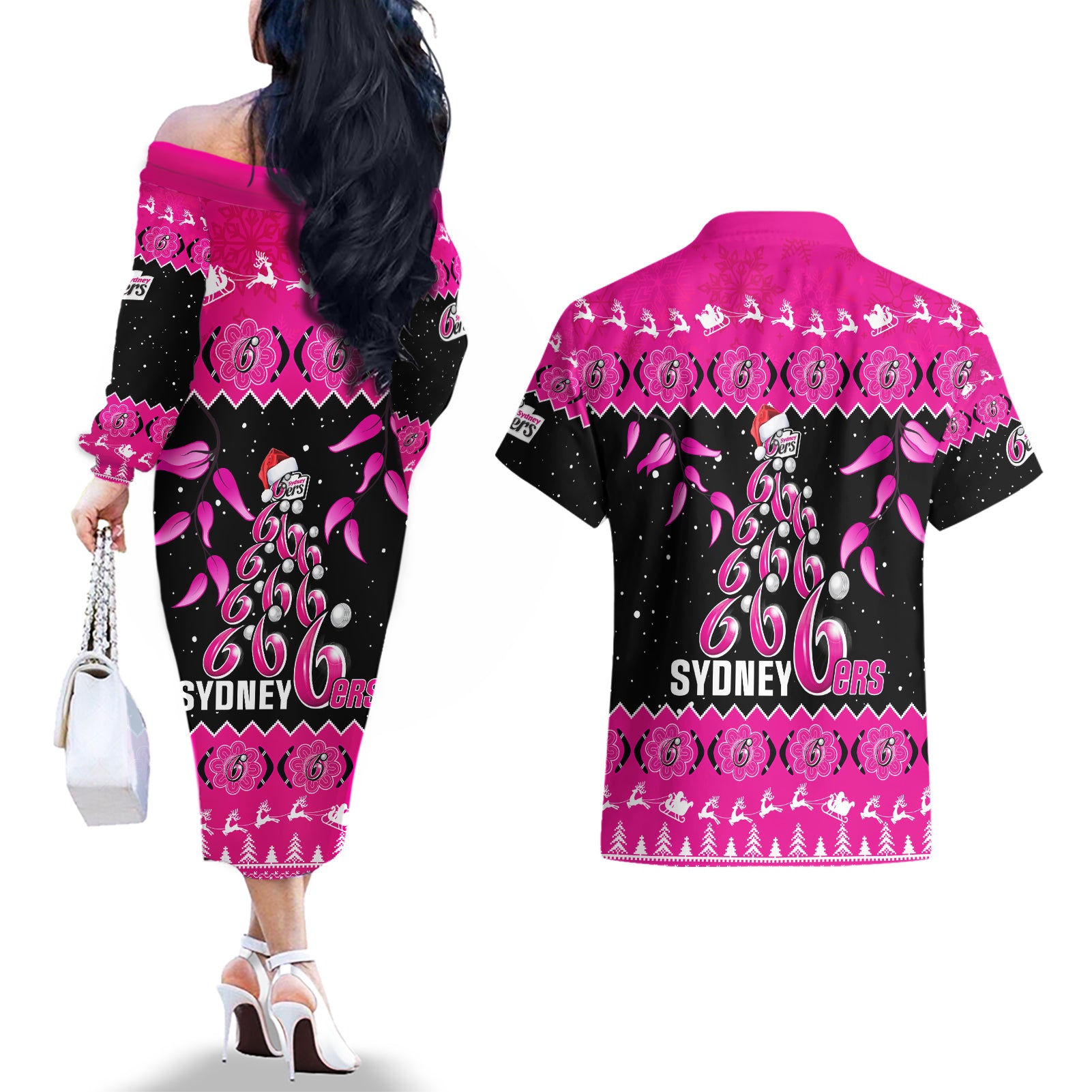 sydney-sixers-cricket-christmas-couples-matching-off-the-shoulder-long-sleeve-dress-and-hawaiian-shirt-merry-xmas-2023-indigenous-art