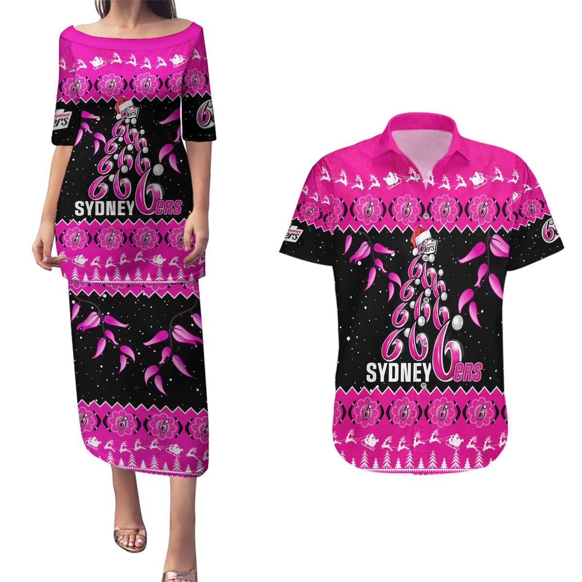 sydney-sixers-cricket-christmas-couples-matching-puletasi-dress-and-hawaiian-shirt-merry-xmas-2023-indigenous-art