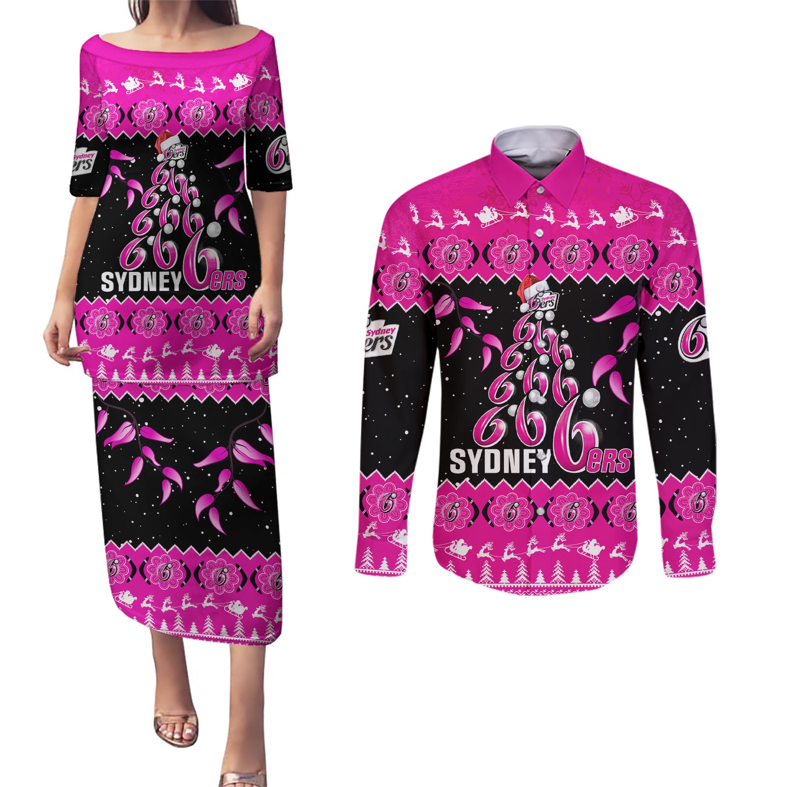 sydney-sixers-cricket-christmas-couples-matching-puletasi-dress-and-long-sleeve-button-shirt-merry-xmas-2023-indigenous-art
