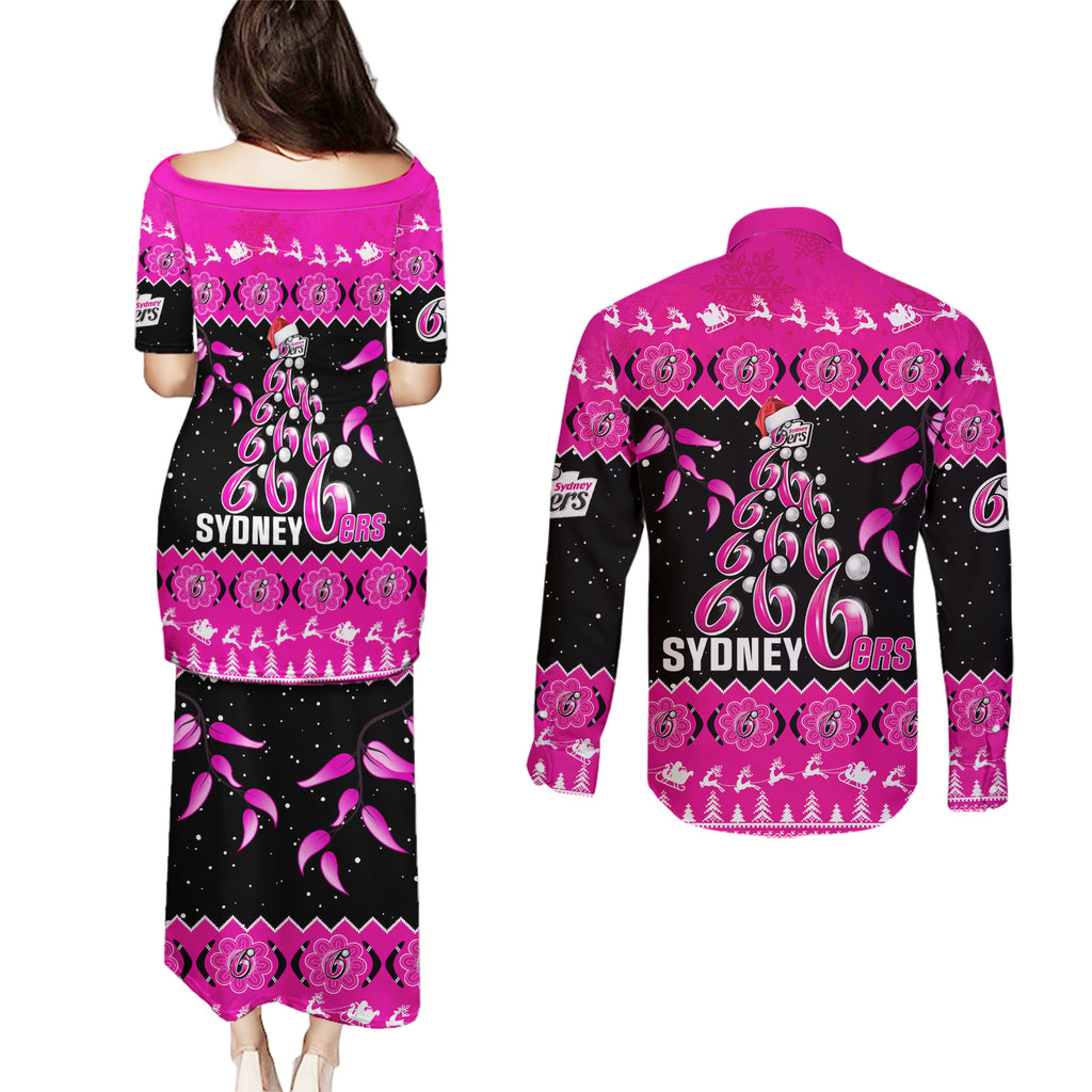 sydney-sixers-cricket-christmas-couples-matching-puletasi-dress-and-long-sleeve-button-shirt-merry-xmas-2023-indigenous-art