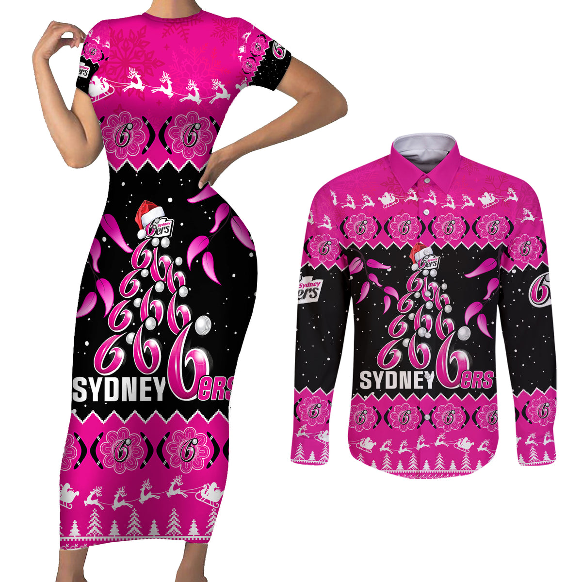 sydney-sixers-cricket-christmas-couples-matching-short-sleeve-bodycon-dress-and-long-sleeve-button-shirt-merry-xmas-2023-indigenous-art