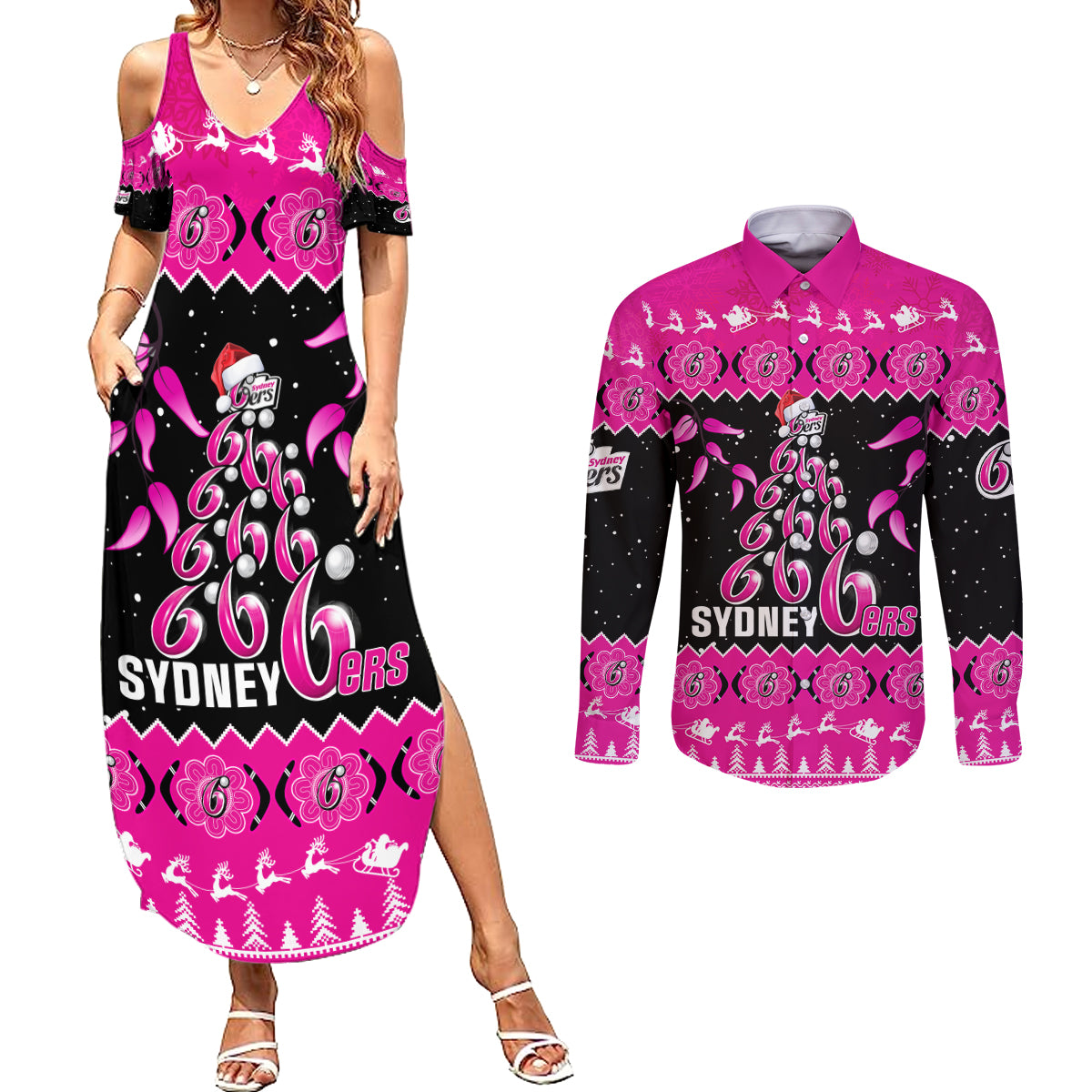sydney-sixers-cricket-christmas-couples-matching-summer-maxi-dress-and-long-sleeve-button-shirt-merry-xmas-2023-indigenous-art