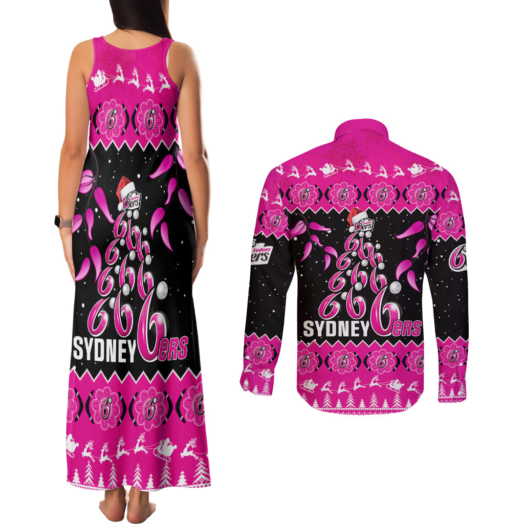 sydney-sixers-cricket-christmas-couples-matching-tank-maxi-dress-and-long-sleeve-button-shirt-merry-xmas-2023-indigenous-art