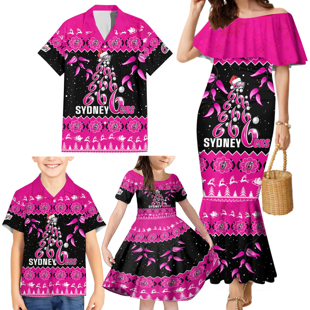 sydney-sixers-cricket-christmas-family-matching-mermaid-dress-and-hawaiian-shirt-merry-xmas-2023-indigenous-art