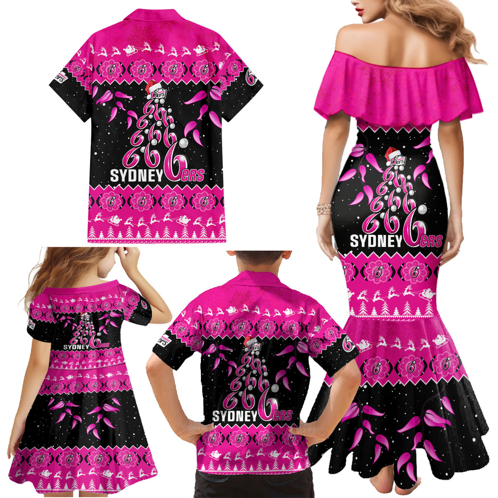 sydney-sixers-cricket-christmas-family-matching-mermaid-dress-and-hawaiian-shirt-merry-xmas-2023-indigenous-art