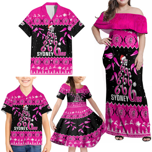 sydney-sixers-cricket-christmas-family-matching-off-shoulder-maxi-dress-and-hawaiian-shirt-merry-xmas-2023-indigenous-art