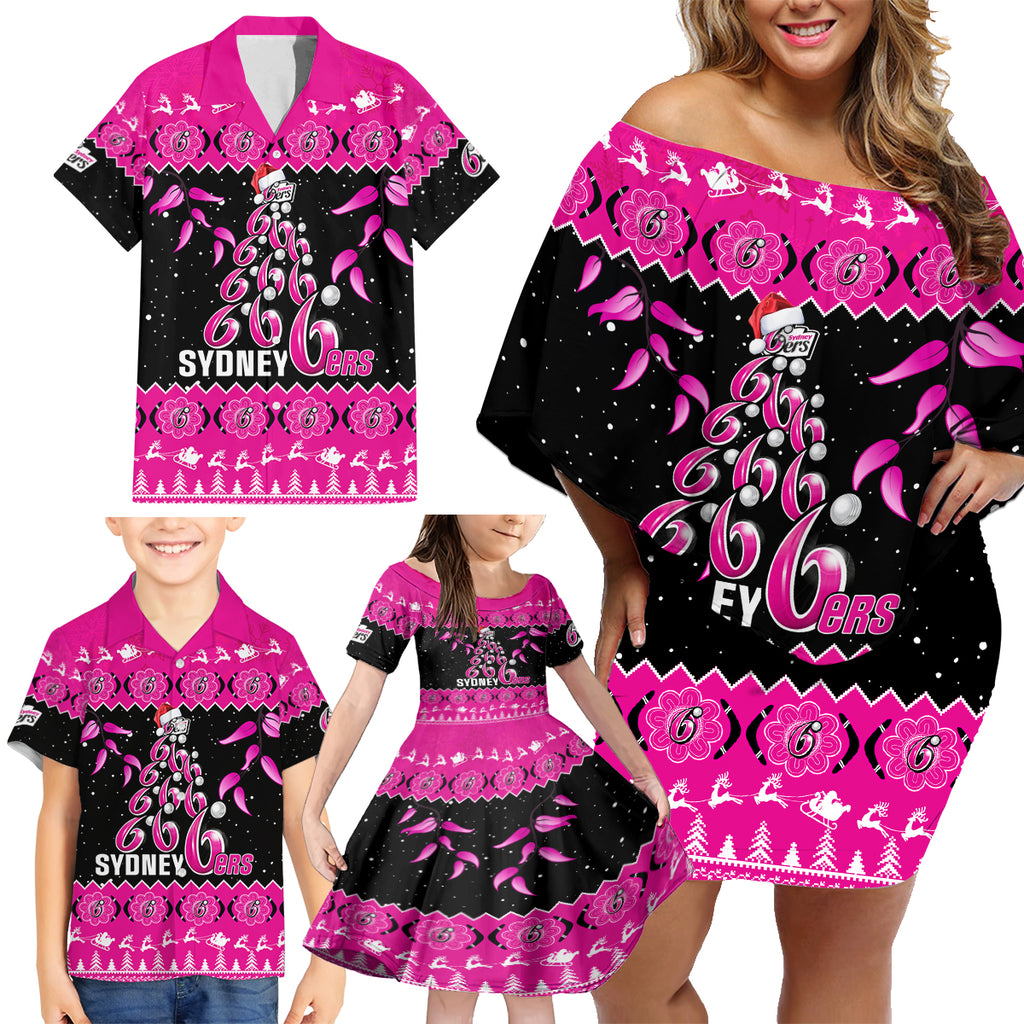 sydney-sixers-cricket-christmas-family-matching-off-shoulder-short-dress-and-hawaiian-shirt-merry-xmas-2023-indigenous-art