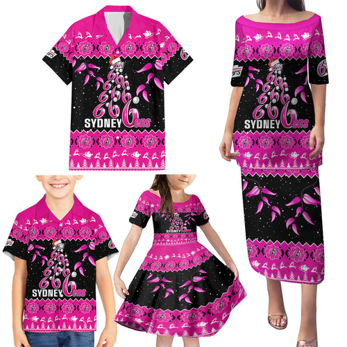 sydney-sixers-cricket-christmas-family-matching-puletasi-dress-and-hawaiian-shirt-merry-xmas-2023-indigenous-art