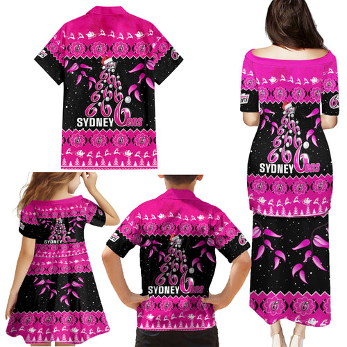 sydney-sixers-cricket-christmas-family-matching-puletasi-dress-and-hawaiian-shirt-merry-xmas-2023-indigenous-art