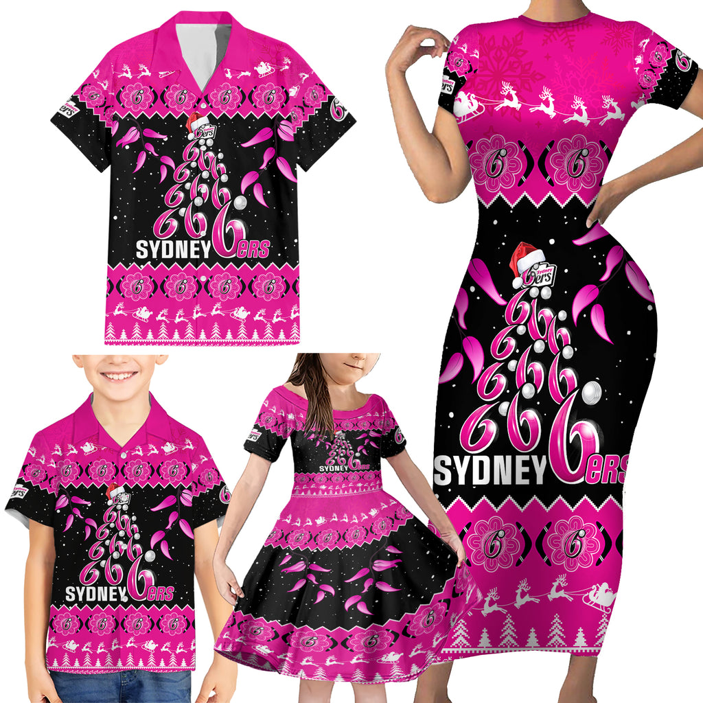 sydney-sixers-cricket-christmas-family-matching-short-sleeve-bodycon-dress-and-hawaiian-shirt-merry-xmas-2023-indigenous-art
