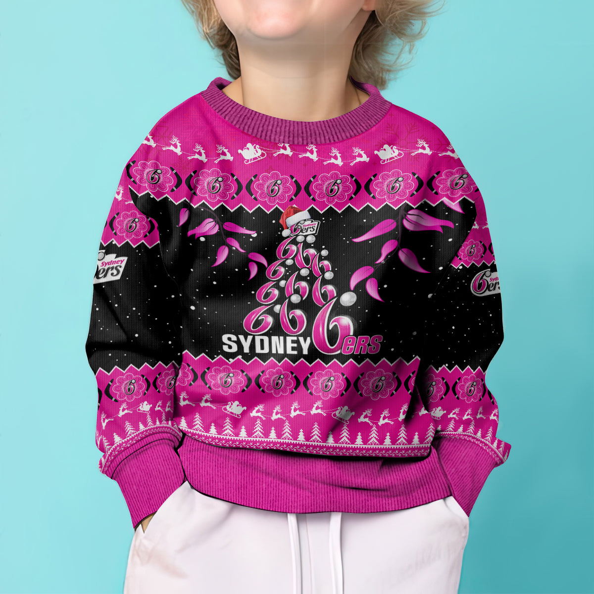 sydney-sixers-cricket-christmas-kid-ugly-christmas-sweater-merry-xmas-2023-indigenous-art