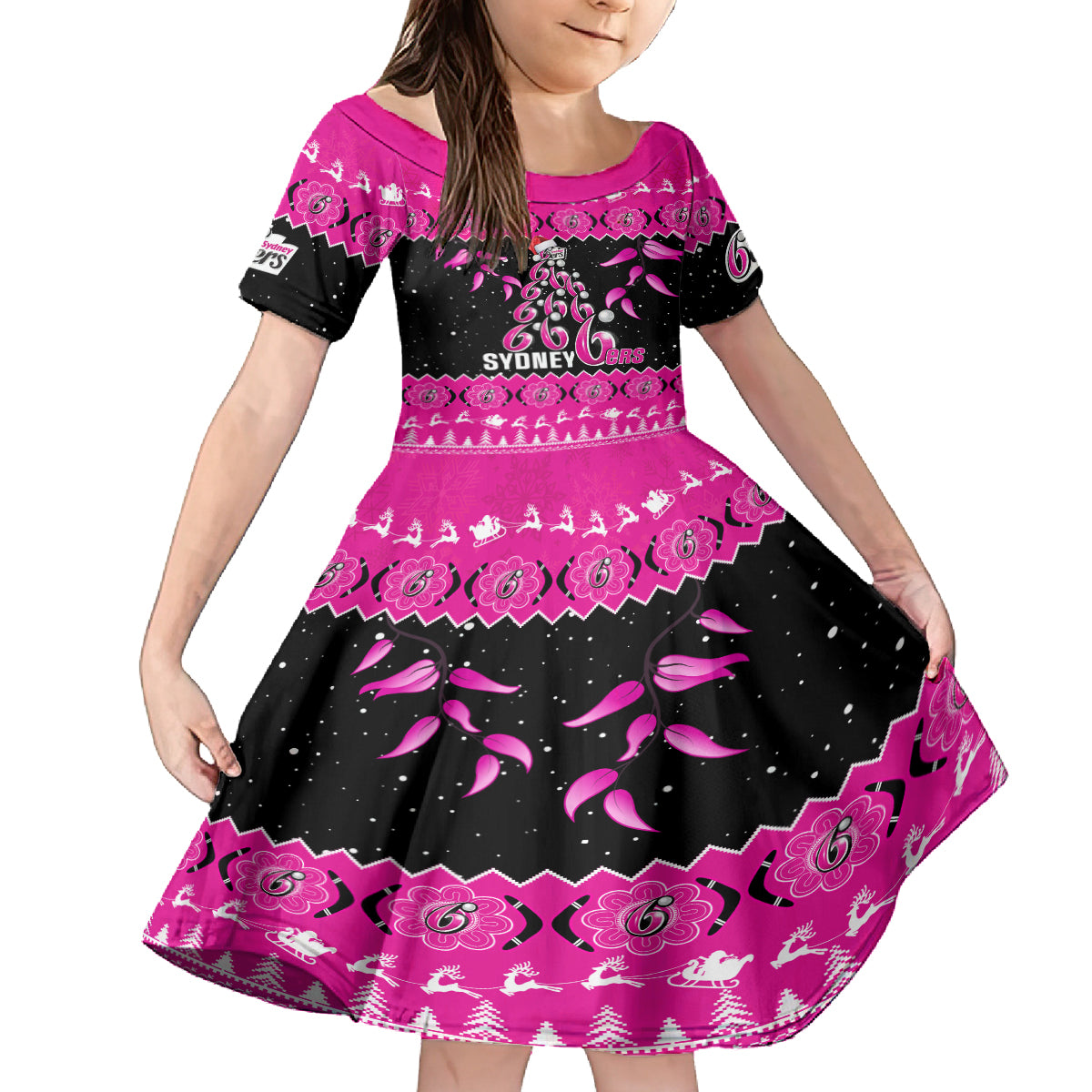 sydney-sixers-cricket-christmas-kid-short-sleeve-dress-merry-xmas-2023-indigenous-art