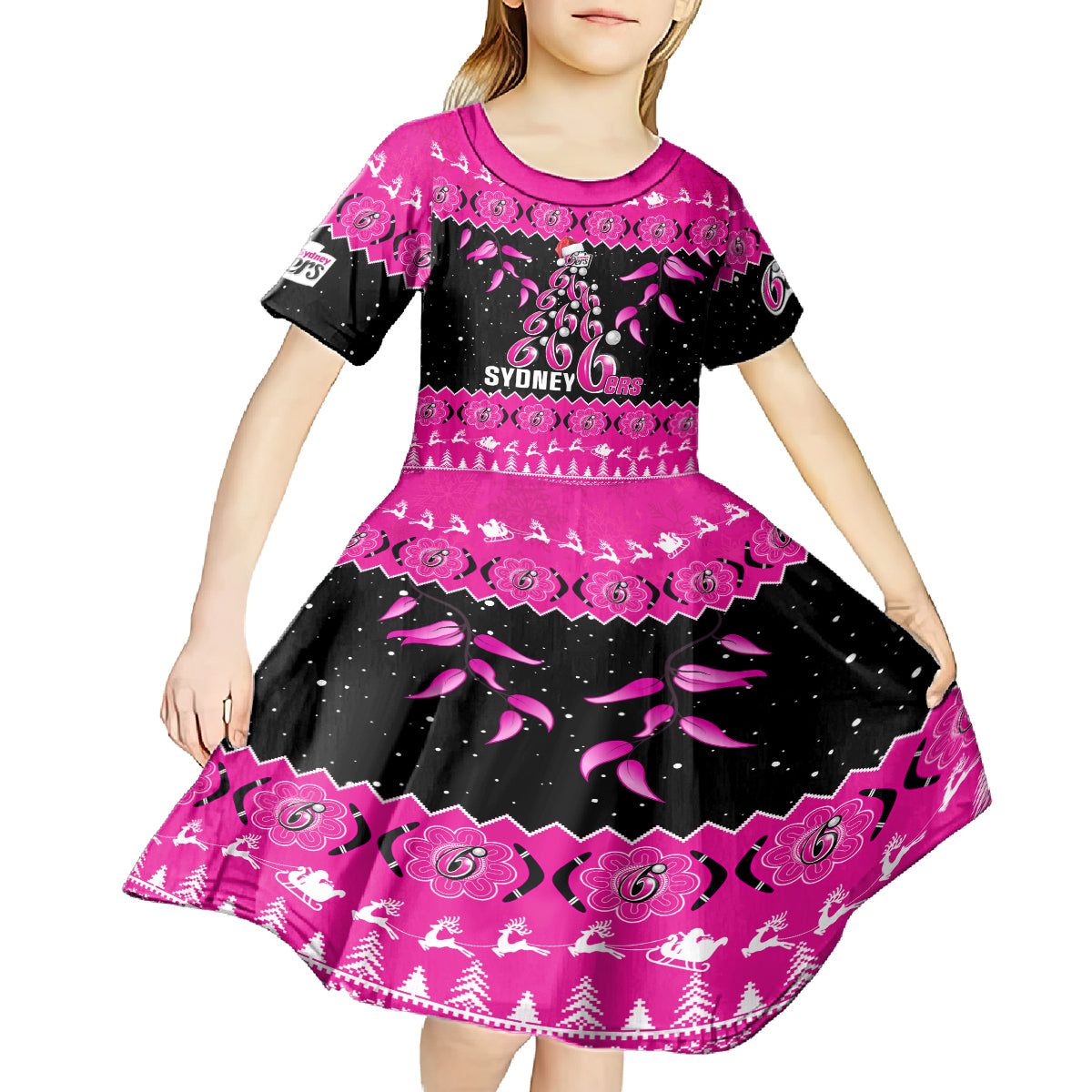 sydney-sixers-cricket-christmas-kid-short-sleeve-dress-merry-xmas-2023-indigenous-art