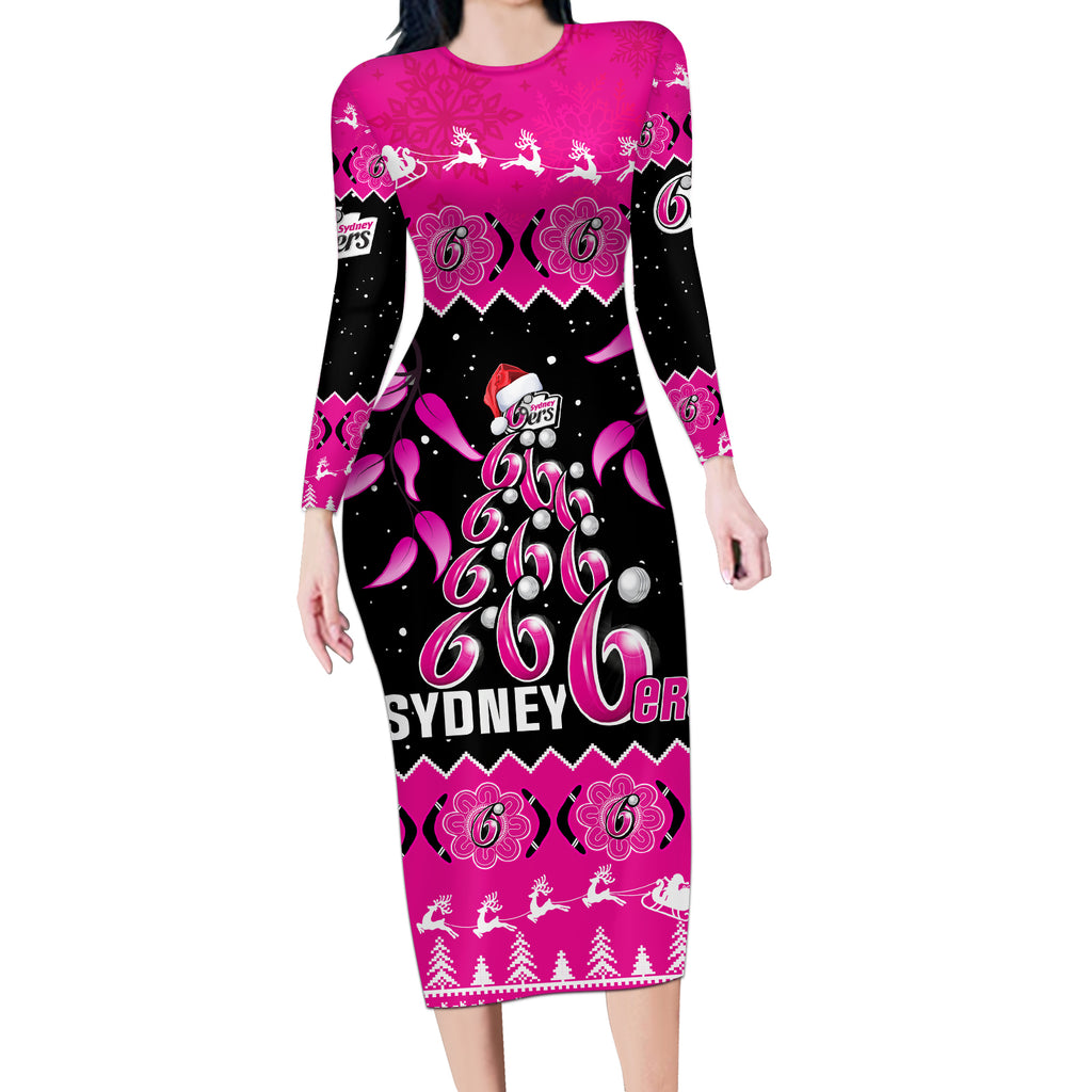 sydney-sixers-cricket-christmas-long-sleeve-bodycon-dress-merry-xmas-2023-indigenous-art