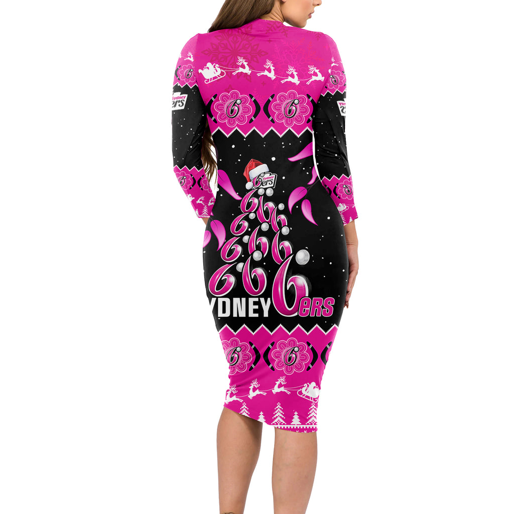 sydney-sixers-cricket-christmas-long-sleeve-bodycon-dress-merry-xmas-2023-indigenous-art