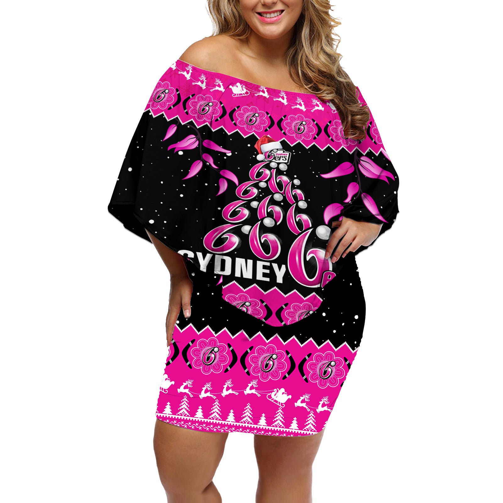 sydney-sixers-cricket-christmas-off-shoulder-short-dress-merry-xmas-2023-indigenous-art